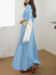 Women Plain O-Neck Stitching Layered Elastic Waist 3/4 Sleeve Maxi Dress