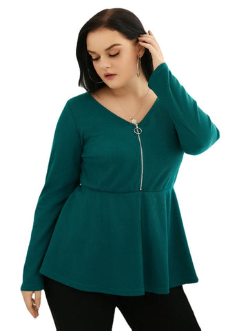 Plus Size V-neck Waffle Knit Zip Front Long Sleeves Knitwear