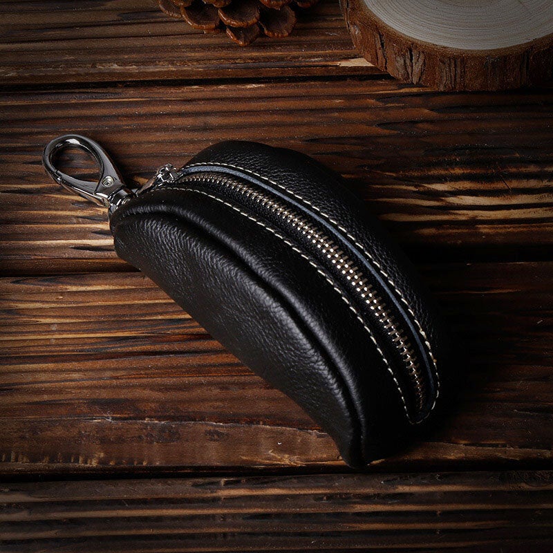 Men First Layer Cowhide Keychain Wallet Retro Casual Internal Zipper