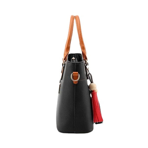 Women Solid Faux Leather Large Capacity Handbag Tassel Casual Crossbody Bag