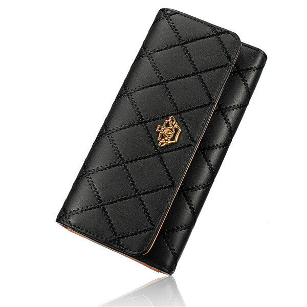 Women Quilted Crown Long Wallet Girls Candy Color Purse Card Holder Coin Bags