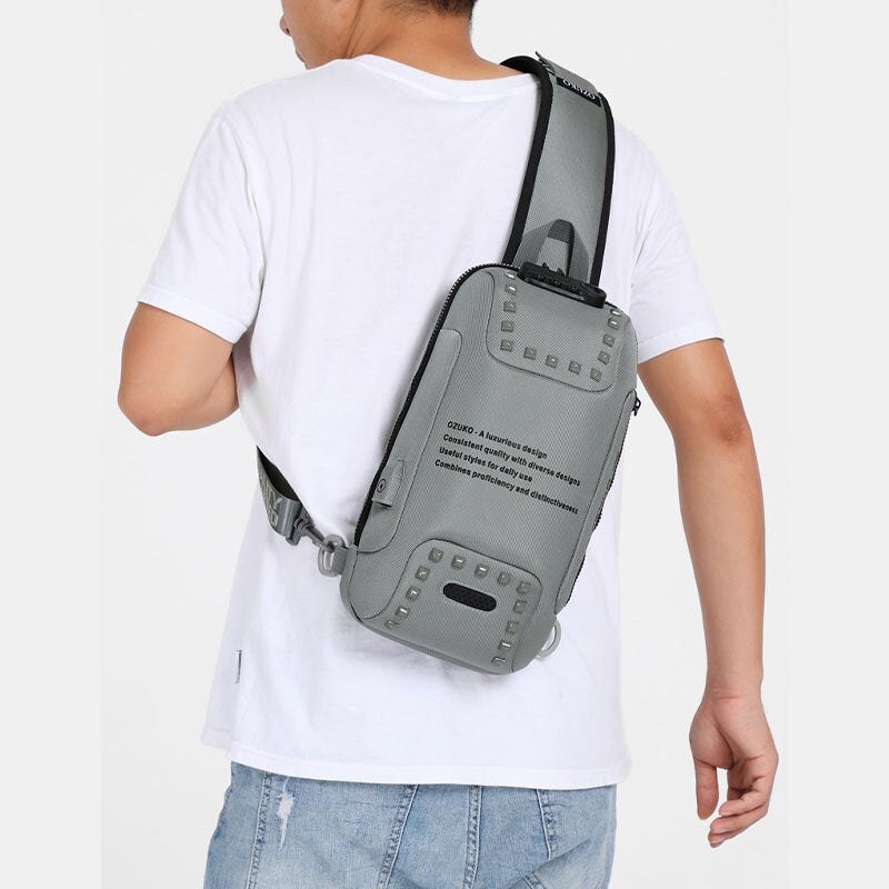 Men Oxford Letter Front Password Lock Anti-theft Design USB Charging Crossbody Bag Multi-pockets Multi-compartments Chest