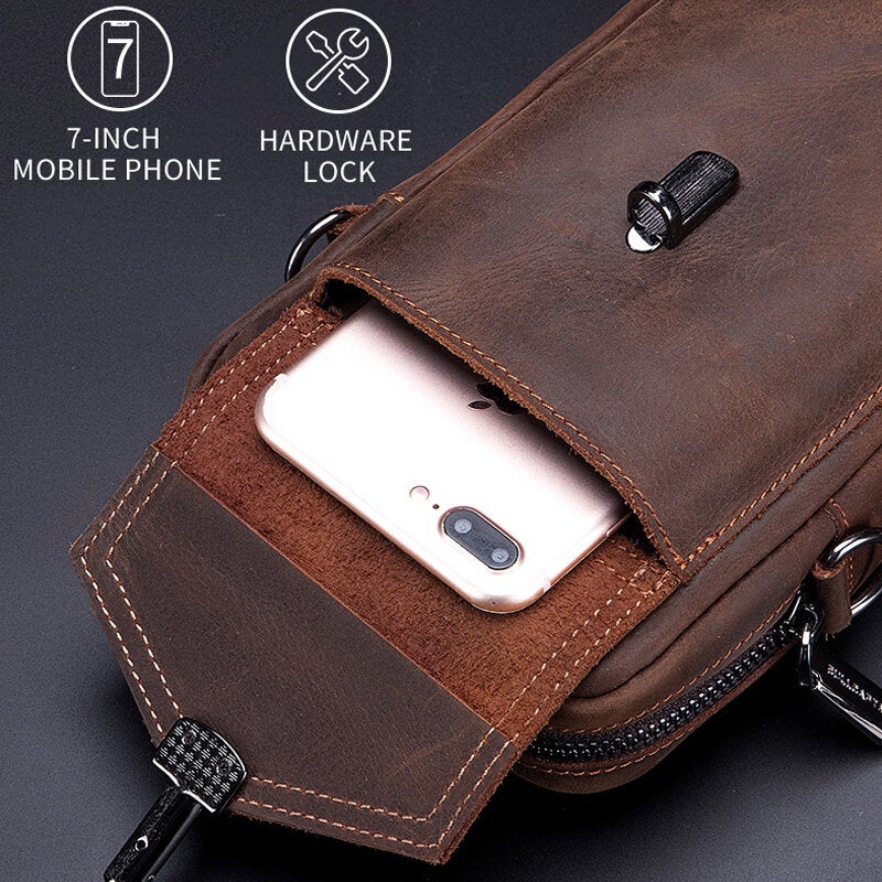 Men Genuine Leather Large Capacity Vintage 6.5 Inch Phone Bag Waist Shoulder Crossbody