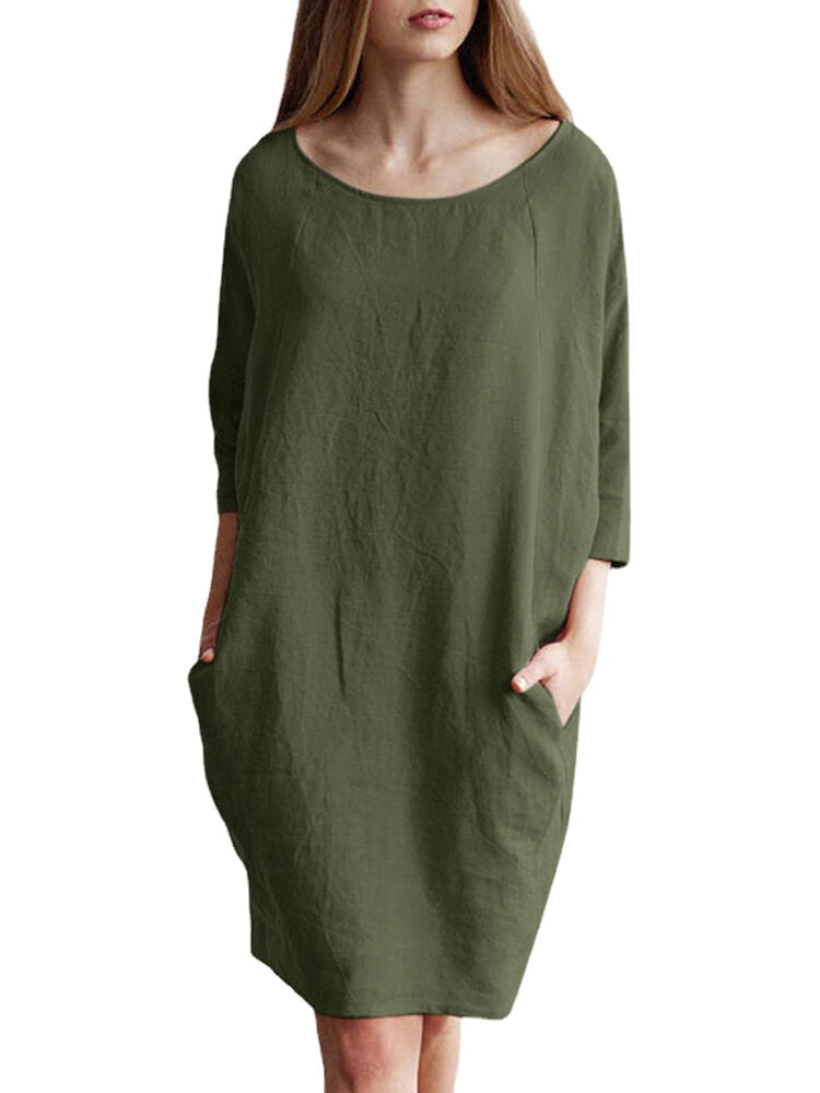 Solid Color 3/4 Sleeve O-neck Pocket Cotton Dress