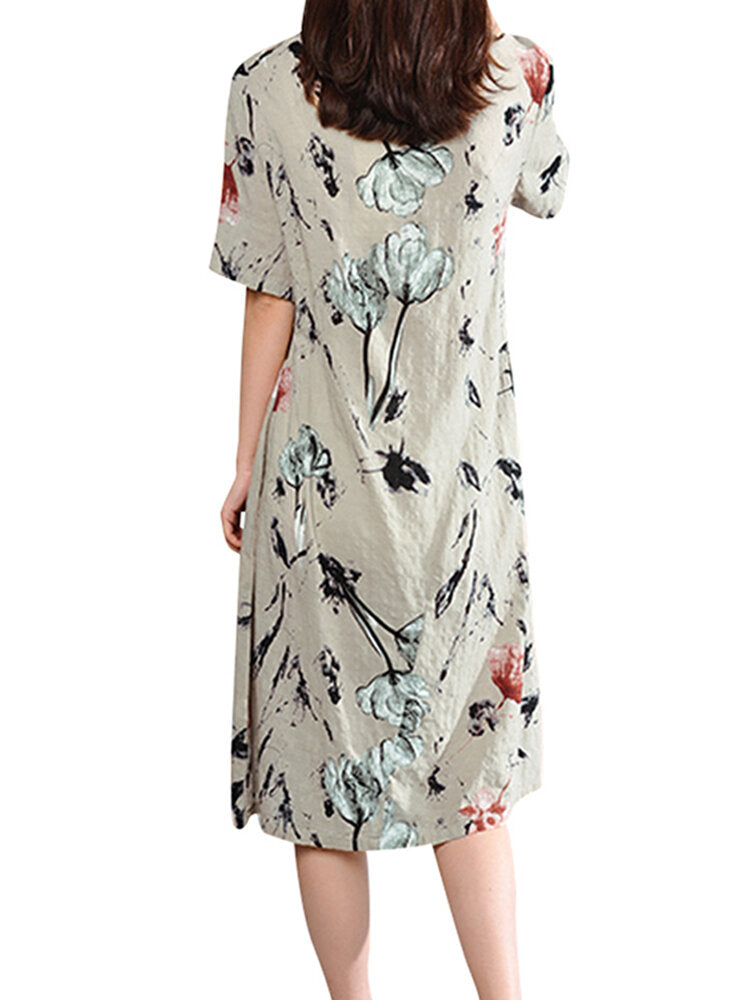 Retro Floral Print Two Pockets Loose Casual Dress For Women