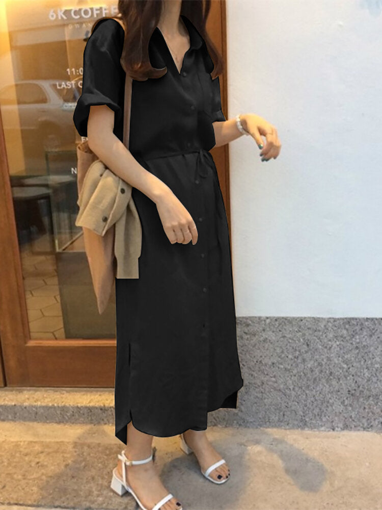 Solid Slit Half Sleeve Belt Lapel Button Down Shirt Dress