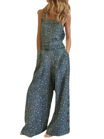 Women Cotton Floral Print Side Button Wide Leg Sleeveless Vintage Jumpsuits With Pocket