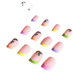 24pcs Chic French Tip Press-On Nails - Short Square, Glossy Flower Design for Spring/Summer