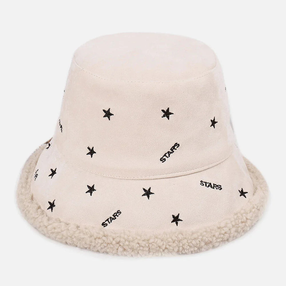 Women Cashmere And Suede Warm Soft Embroidery Stars Outdoor Bucket Hat