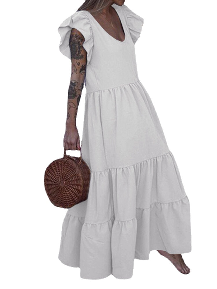 Women Solid Color Ruffles Sleeve Bohemian Casual U-Neck Layered Tiered Dress