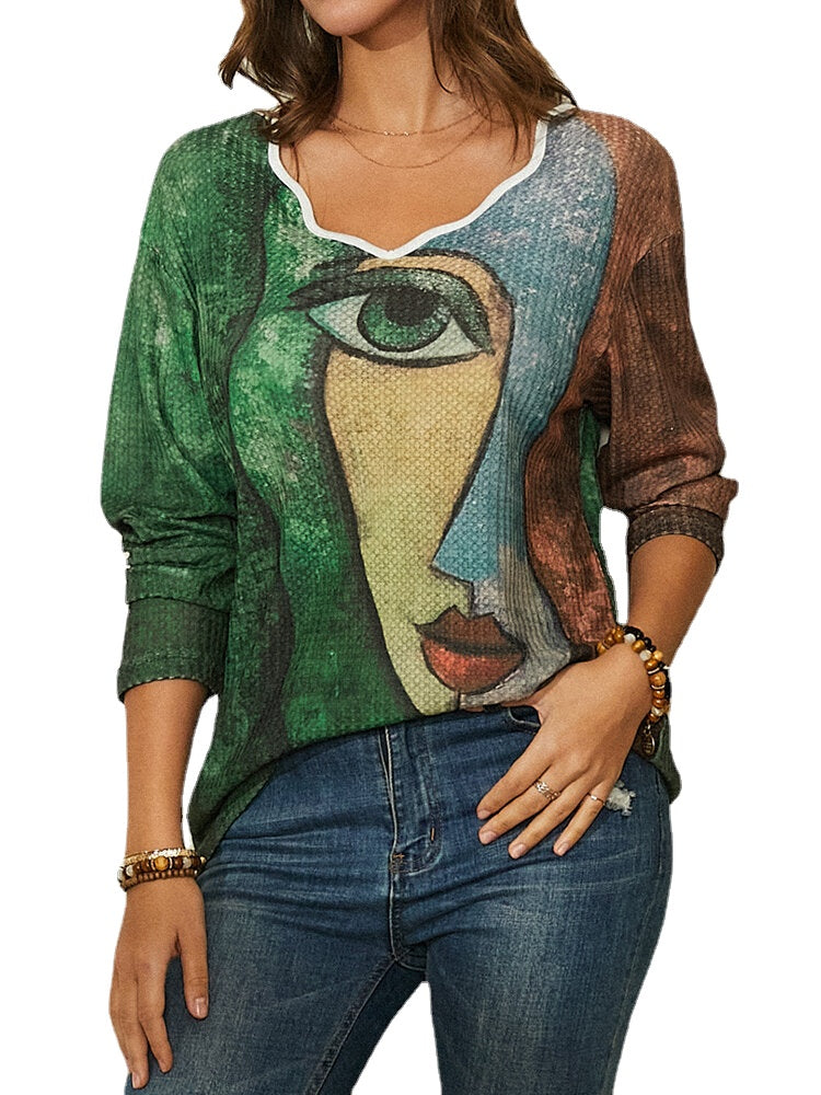 Women Portrait Abstract Art Print Asymmetrical Collar Long Sleeve Casual Blouse