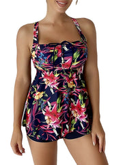 Women's Swimwear Tankini Swim Dress 2 Piece Plus Size Swimsuit Open Back Printing Floral Yellow Red Blue Purple Camisole Strap Bathing Suits New Vacation Fashion