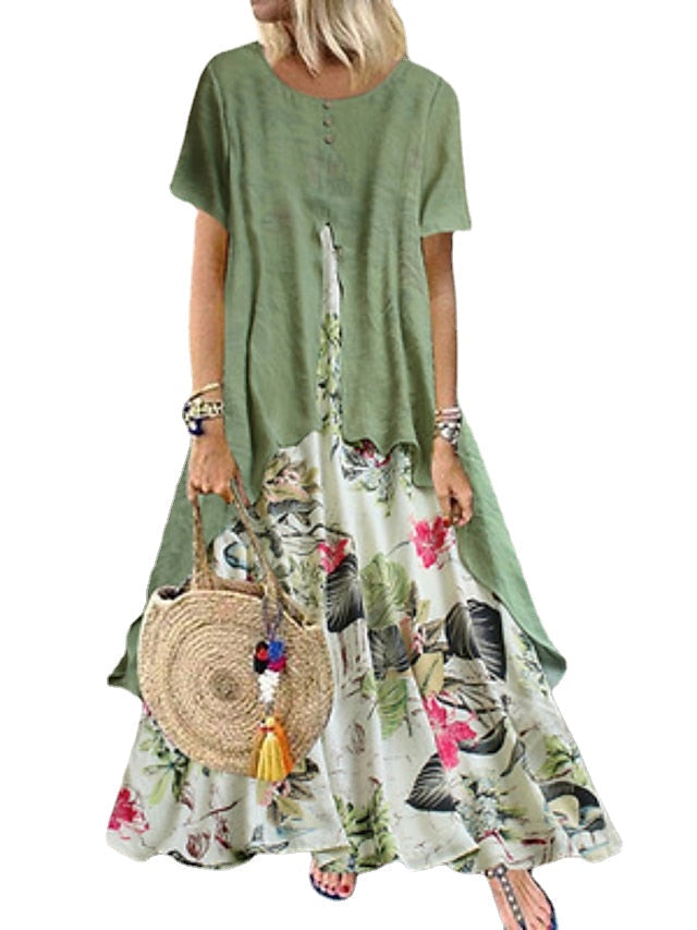 Women's Casual Dress Linen Dress Swing Dress Long Dress Maxi Dress Green Short Sleeve Floral Patchwork Summer Spring Crew Neck Fashion Print Dresses