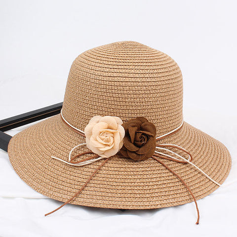 Women Folding Woven Wide Brimmed Bucket Hat Outdoor Bandage Beach Dress Visor With Bowknot