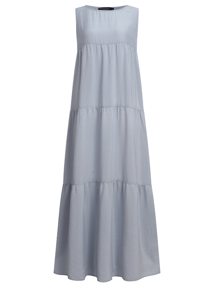 Solid Color O-neck Sleeveless Ruffles Hem Pleated Maxi Dress