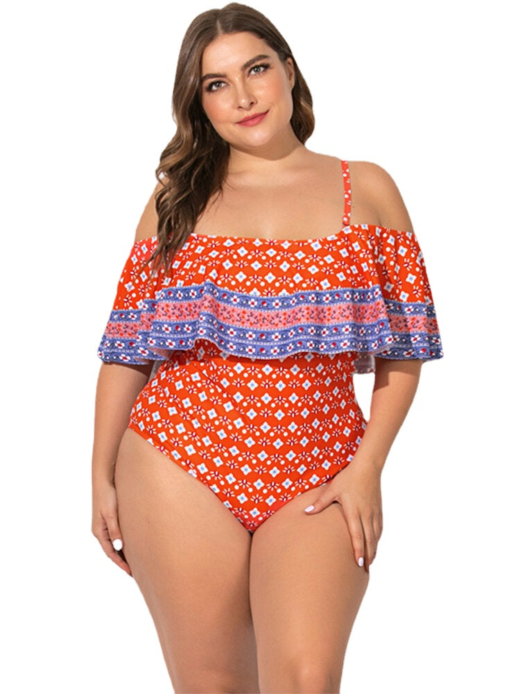Plus Size Sling Ruffled Trim Printed Swimwear Off Shoulder One-Pieces