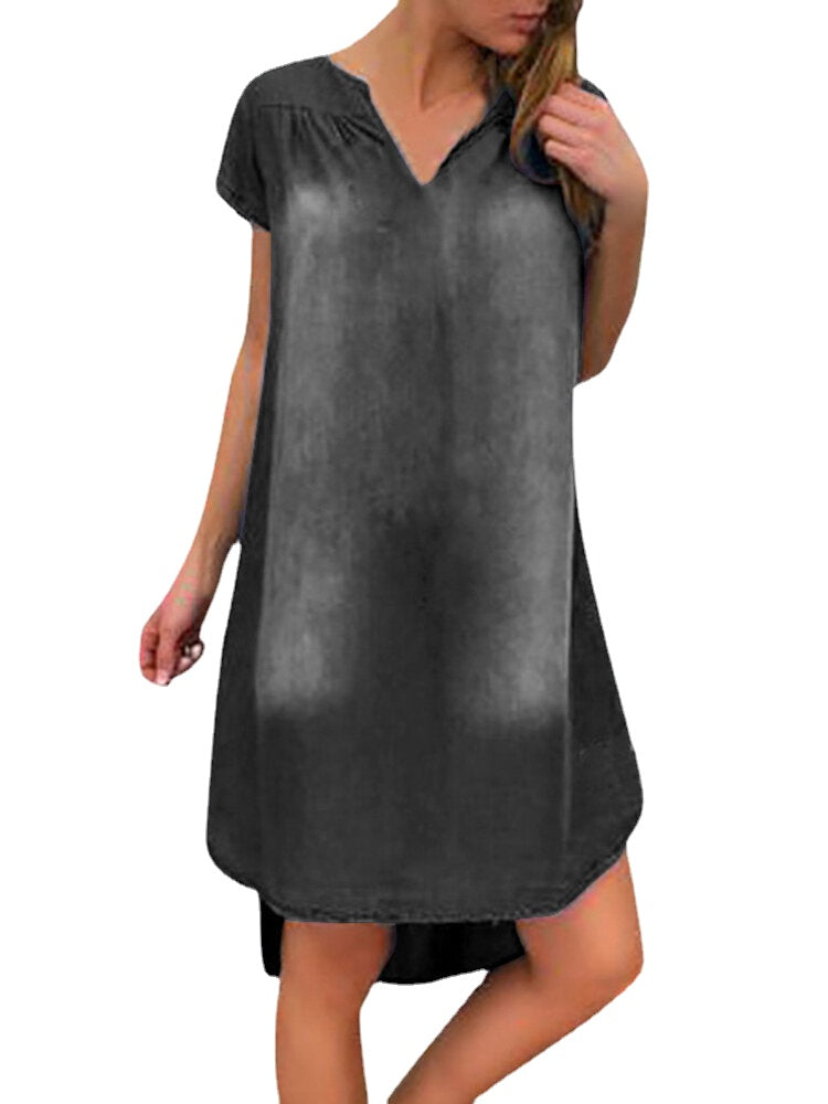 Women V-Neck Loose Irregular Hem Casual Demin Dresses