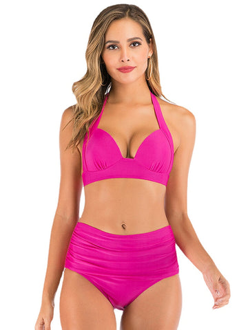 Plus Size Women Solid Color Halter String High Waist Bikini