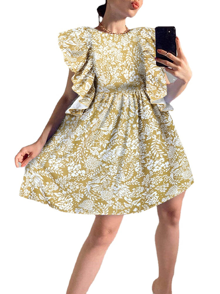 Women Floral Print Ruffle Trims Sleeveless Casual Daily Doll Mini Dress