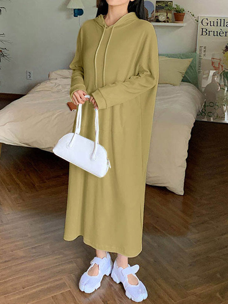 Women Puff Sleeve Sweatshirt Calf Length Front Pocket Side Fork Midi Dress