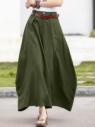 Leisure Solid Button Ruched Zip Pocket Casual Maxi Skirt