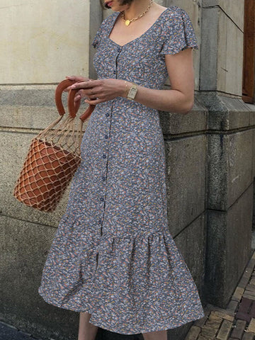 Elegant European Style Ruffles Floral Casual Dress For Women