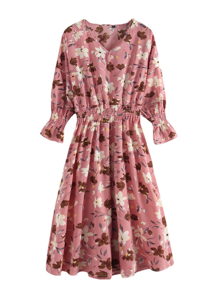Long Sleeved V-neck Floral Print Chiffon Mini Dress