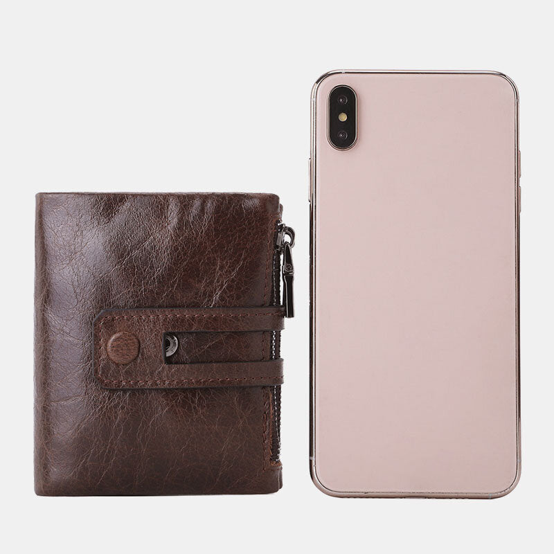Men Genuine Leather Zipper RFID Blocking Anti-theft Retro Business Card Holder Wallet