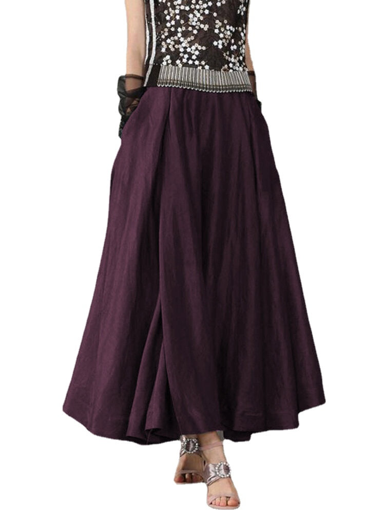 Vintage Solid High Elastic Waist Side Pocket Big Swing Pleated Skirts