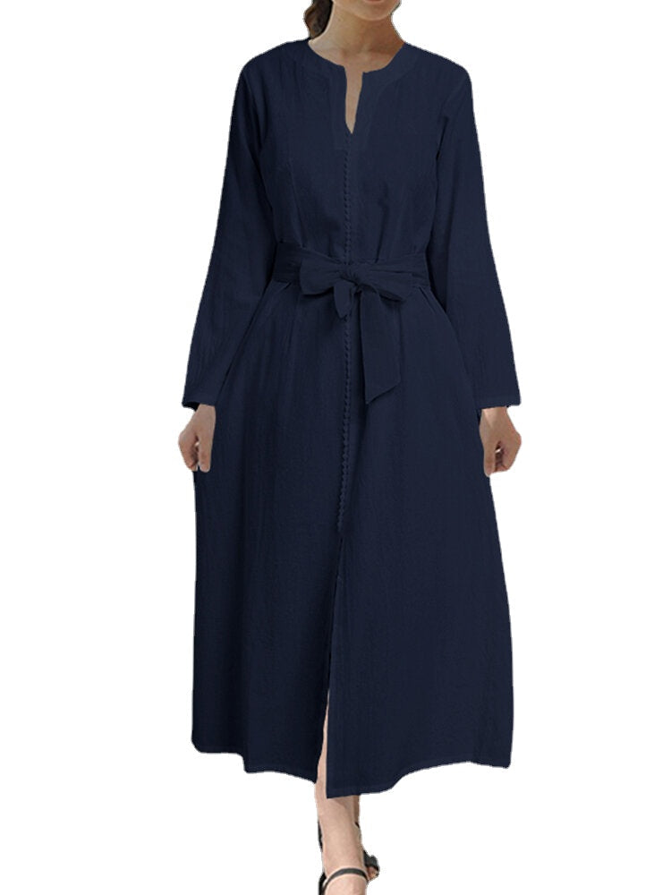 Women Daily Casual Belted Tie Waist Long Sleeve Solid Cotton Maxi Dress