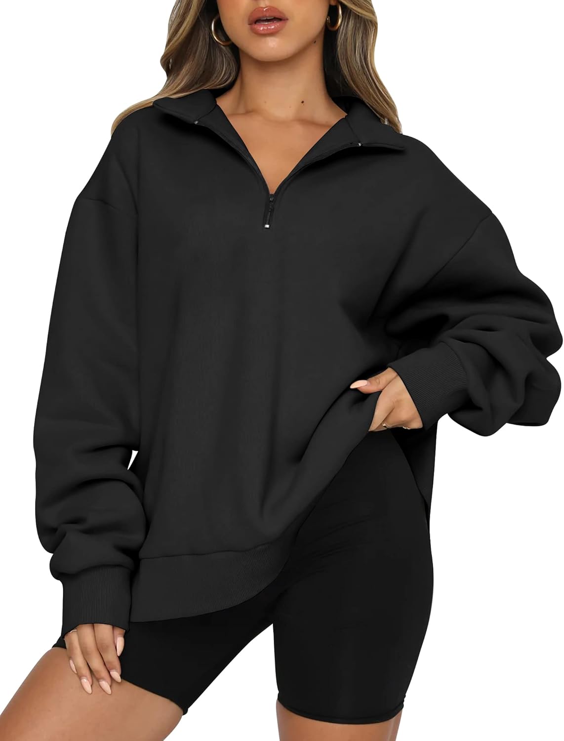 Women’s Oversized Half-Zip Pullover – Cozy Fleece Hoodie with Drop Shoulder & Quarter-Zip Design – Casual Fall and Winter Sweatshirt