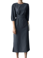 Solid Tie Slit Midi Half Sleeve Crew Neck Casual Dress