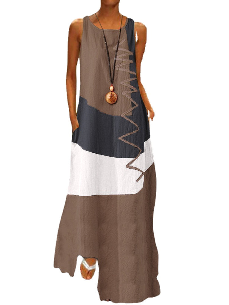 Sleeveless Patchwork O-neck Side Pocket Casual Long Maxi Dress