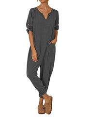 Solid Color Long Sleeve Notched Collar Pocket Loose Jumpsuit For Women