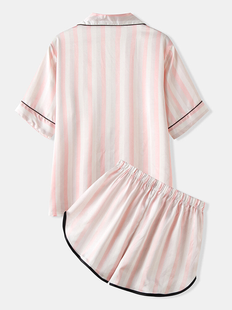 Women Colorful Striped Button Up Revere Collar Pocket Home Ice Silk Pajama Set