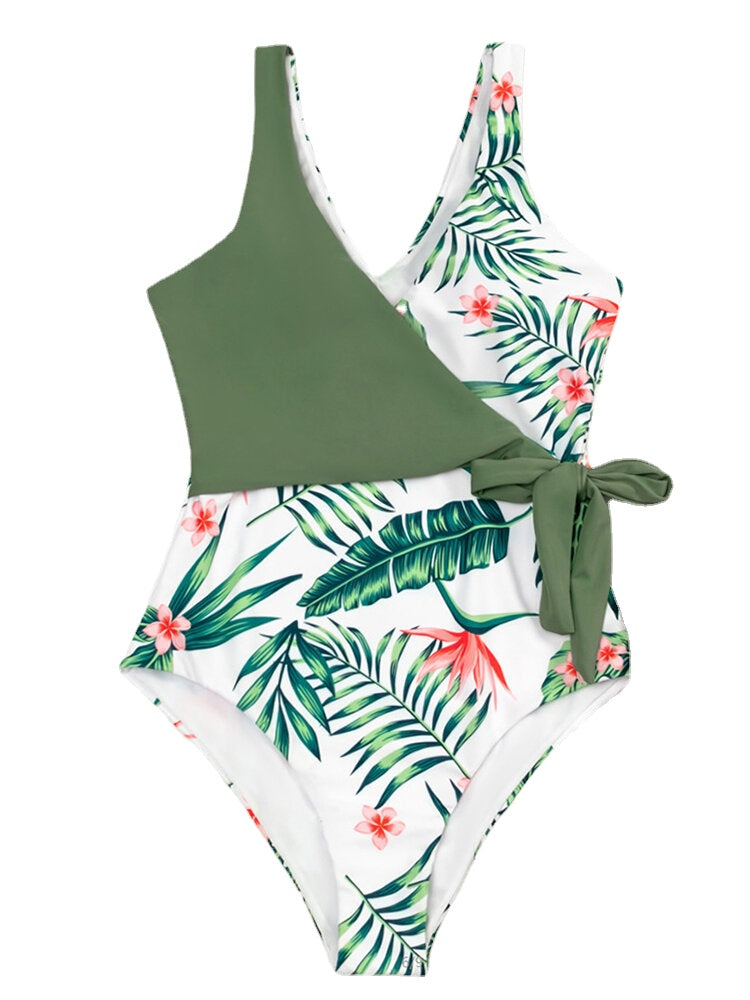 Contrast Leaf Print Lace Up Wide Straps Green One Piece Summer Hawaii Swimsuit