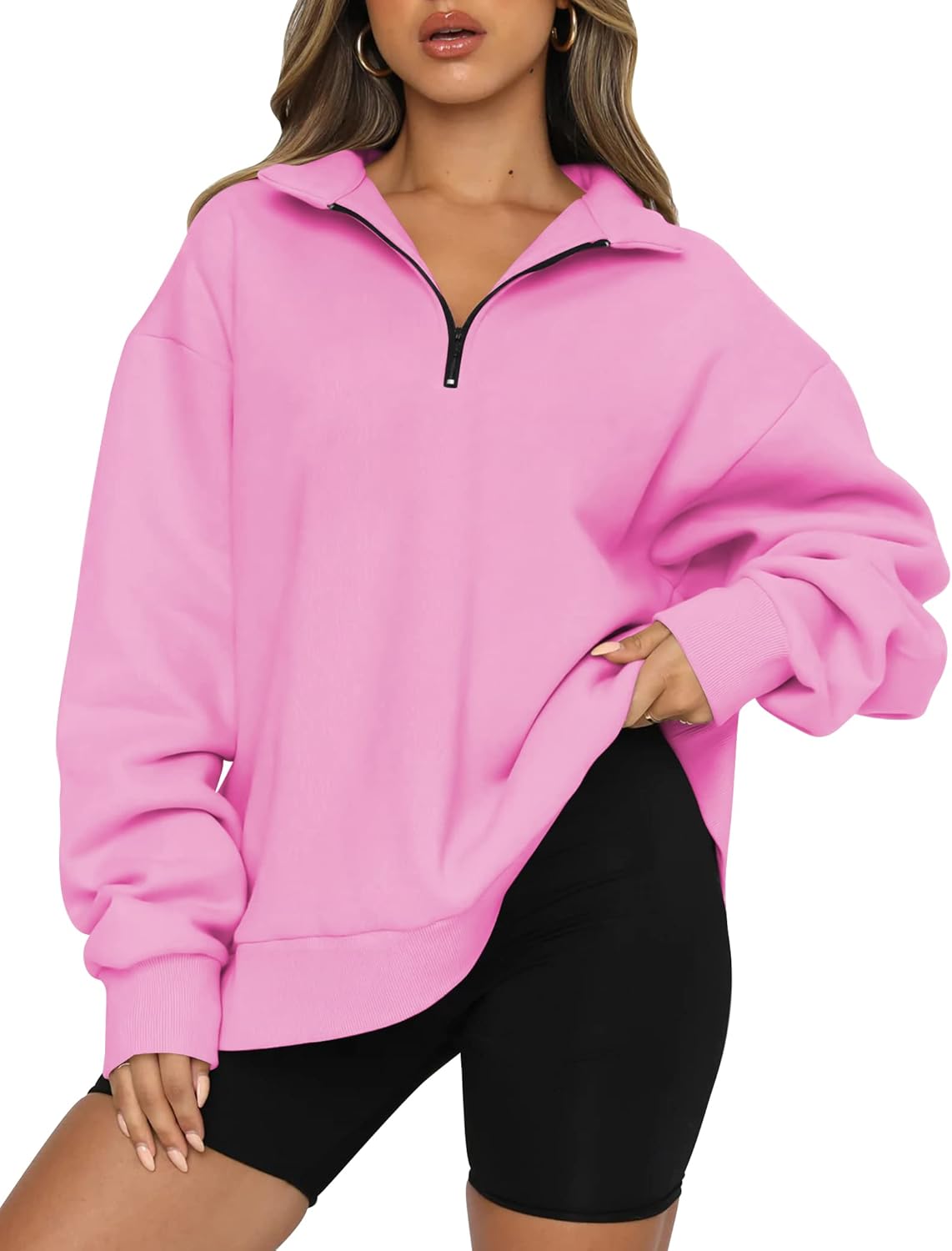 Women’s Oversized Half-Zip Pullover – Cozy Fleece Hoodie with Drop Shoulder & Quarter-Zip Design – Casual Fall and Winter Sweatshirt