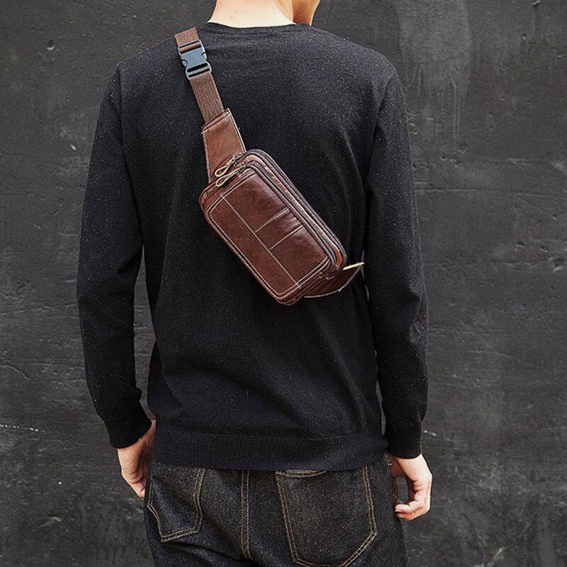 Men First Layer Cowhide Multifunction Chest Bag Large Capacity Retro 6.5 Inch Phone Bags Crossbody Waist