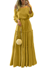 Women Off Shoulder Puff Sleeve Pleated Patchwork Elegant Solid Color Maxi Dress