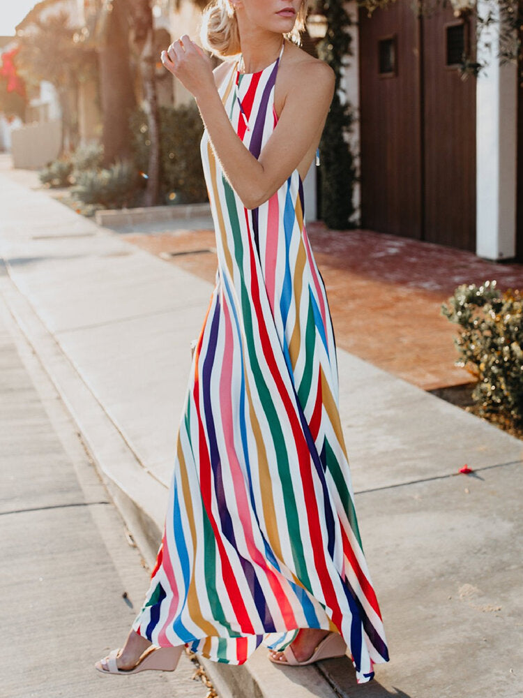 Women Striped Halter V-neck Sleeveless Dress