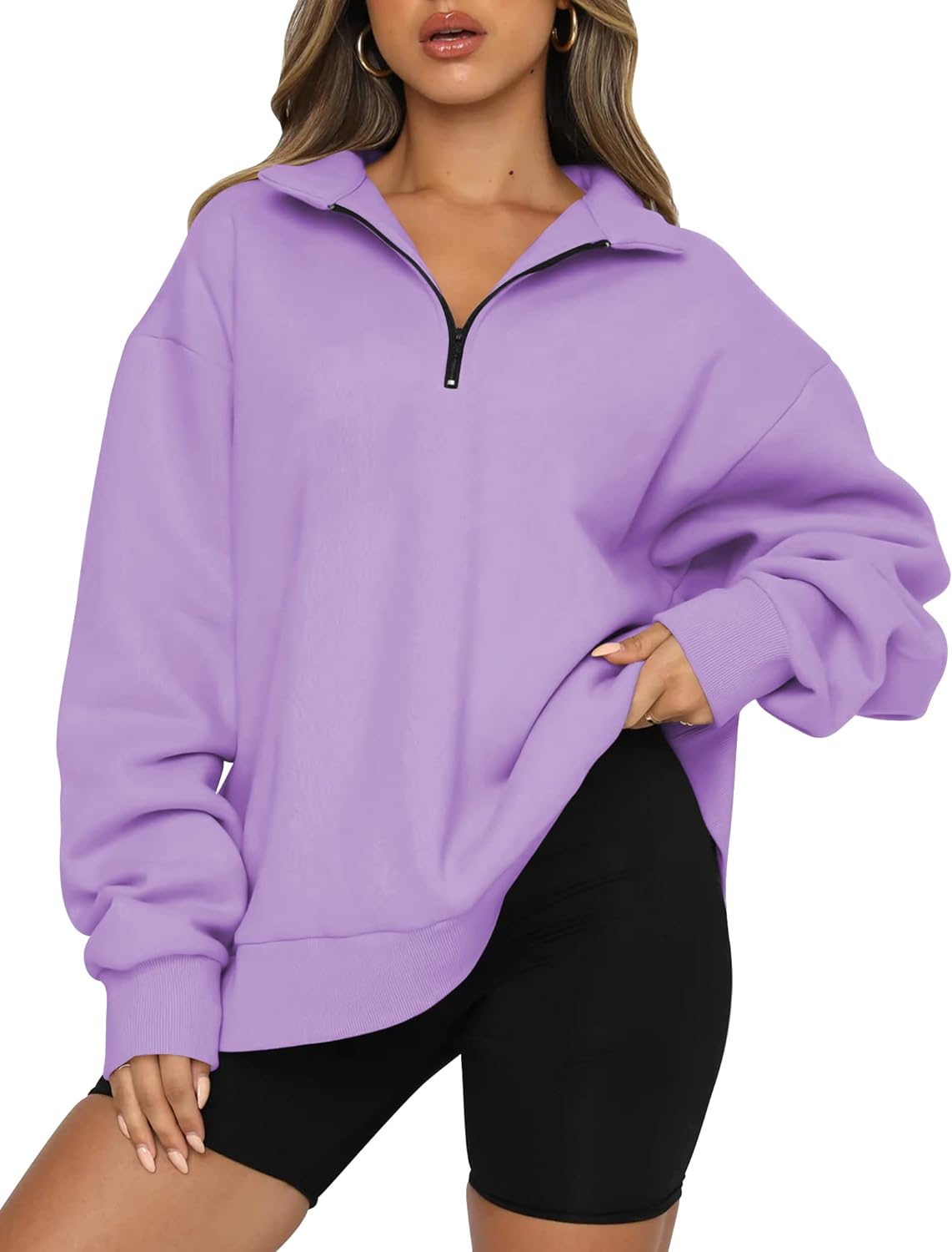 Women’s Oversized Half-Zip Pullover – Cozy Fleece Hoodie with Drop Shoulder & Quarter-Zip Design – Casual Fall and Winter Sweatshirt