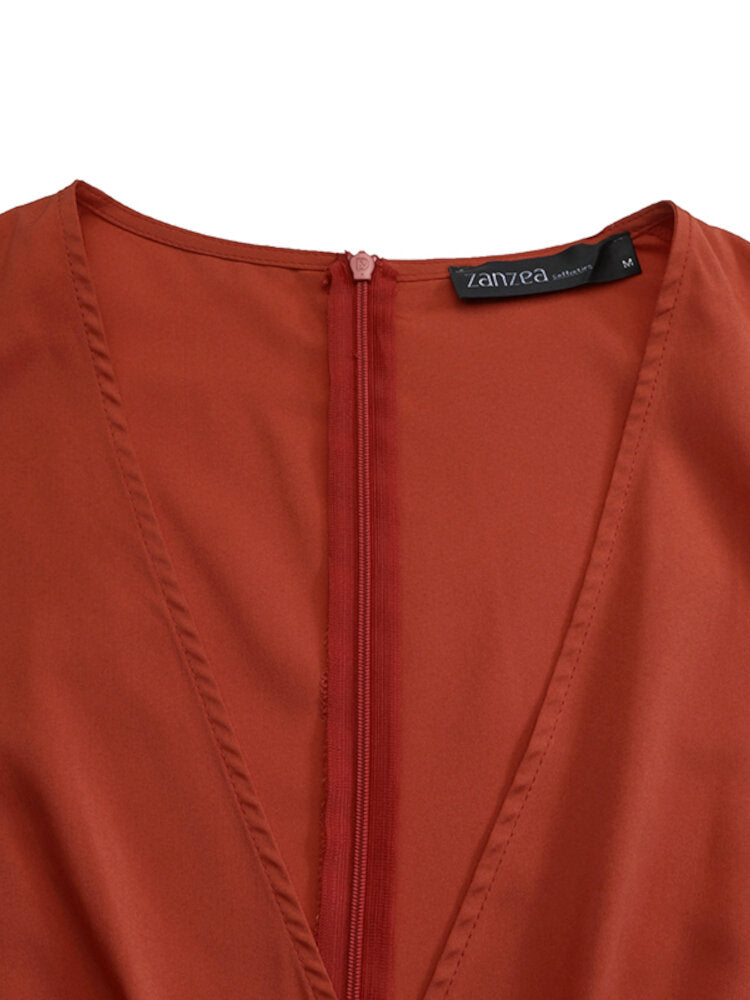 Women Lace-Up High Split V-Neck Holiday Elegant Long Sleeve Solid Color Maxi Dress