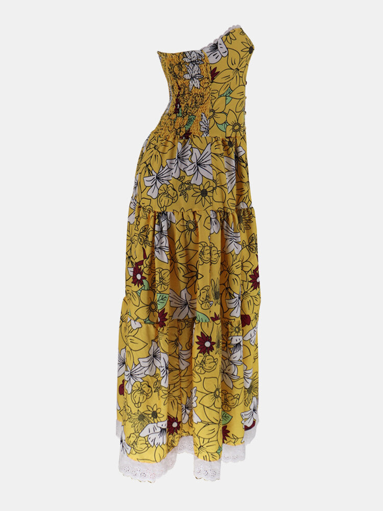 Women Floral Print Button Up Sleeveless Slim Bandeau Maxi Dresses