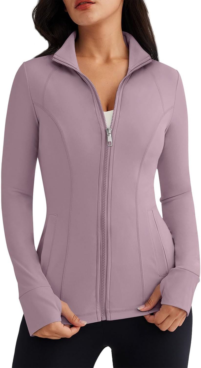 Women’s Full Zip Athletic Jacket – Breathable Lightweight Zip-Up Hoodie with Stand-Up Collar, Thumb Holes, and Zipper Pockets for Exercise and Outdoor Activities