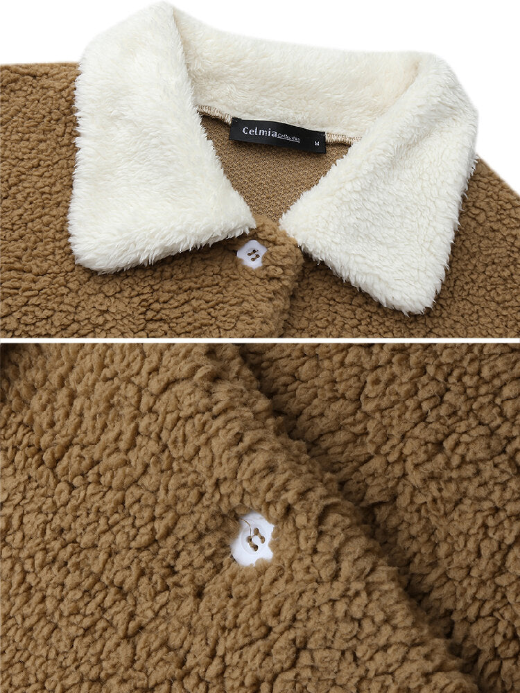 Women Solid Color Plush Borg Collar Warm Coat With Pocket