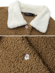 Women Solid Color Plush Borg Collar Warm Coat With Pocket