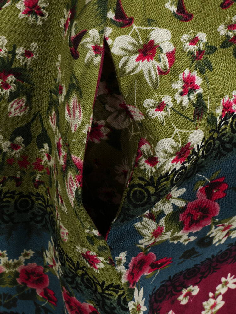 Women Casual Loose Cotton Floral Print Short Sleeve Dress
