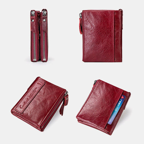 Genuine Leather Multifunction Multi-slot Double Zipper Casual Brief Solid Color Card Holder Wallet