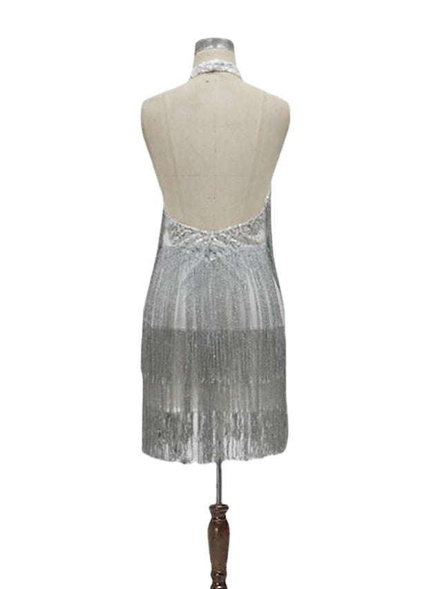 Women's Party Dress Fringe Dress Holiday Dress Mini Dress Silver Sleeveless Pure Color Tassel Fringe Spring Summer Halter Hot Party Evening Party Spring Dress