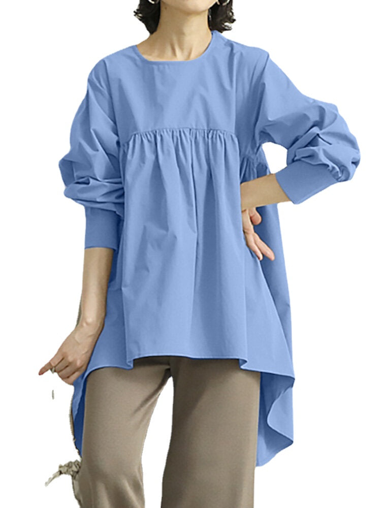 Women Puff Sleeve Loose Pleated Spliced Solid Back Button Casual Shirts